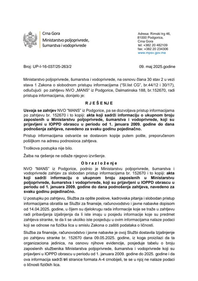 Rjesenje MANS usvojen br. 155017 UP-I-16-037-25-578-2