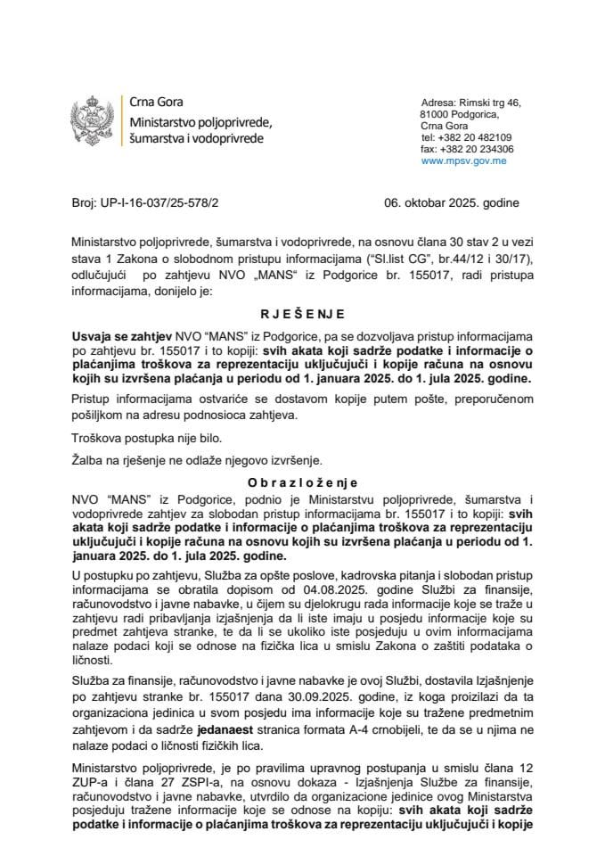 Rjesenje MANS usvojen br. 155957 UP-I-16-037-25-715-2