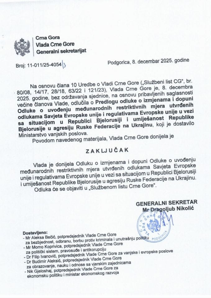 Predlog odluke o izmjenama i dopuni Odluke o uvođenju međunarodnih restriktivnih mjera utvrđenih odlukama Savjeta Evropske unije i regulativama Evropske unije u vezi sa situacijom u Republici Bjelorusiji - zaključci