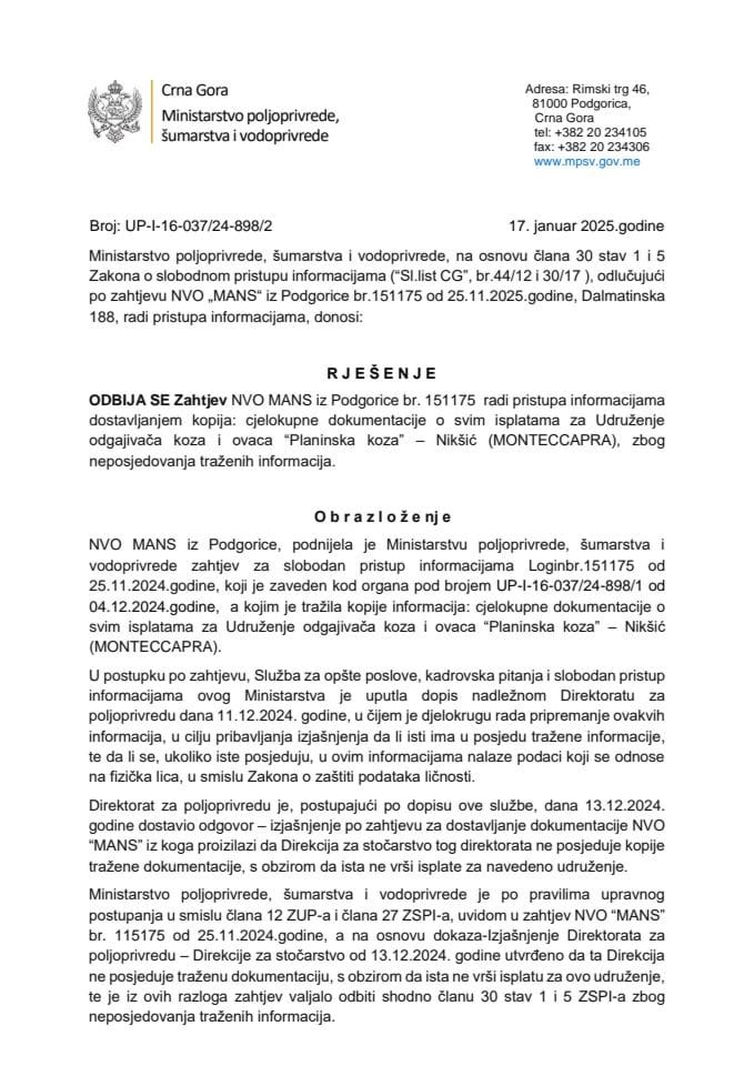 Rješenje odbijen zahtjev MANS br. 151435