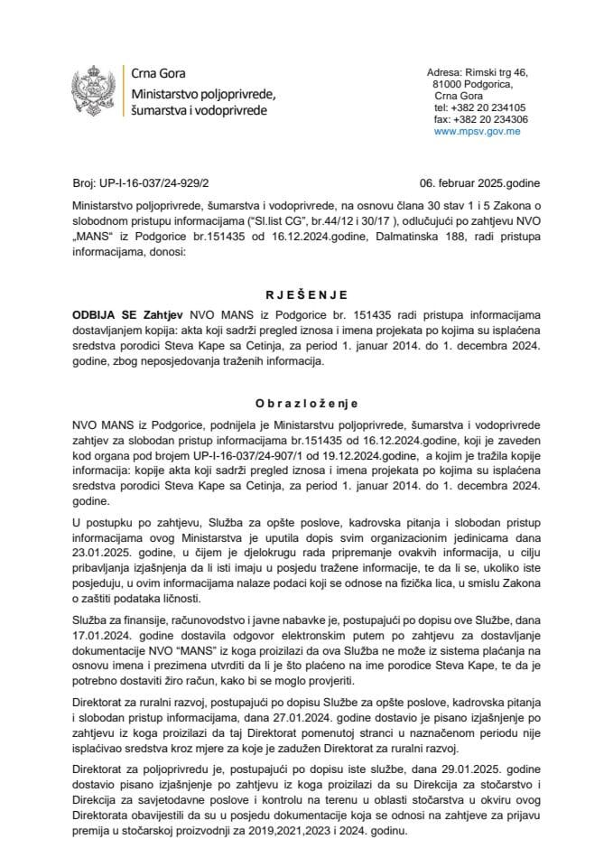 Rješenje odbijen zahtjev MANS br. 151965