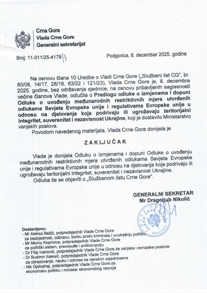 Predlog odluke o izmjenama i dopuni Odluke o uvođenju međunarodnih restriktivnih mjera utvrđenih odlukama Savjeta EU i regulativama EU u odnosu na djelovanja - zaključci