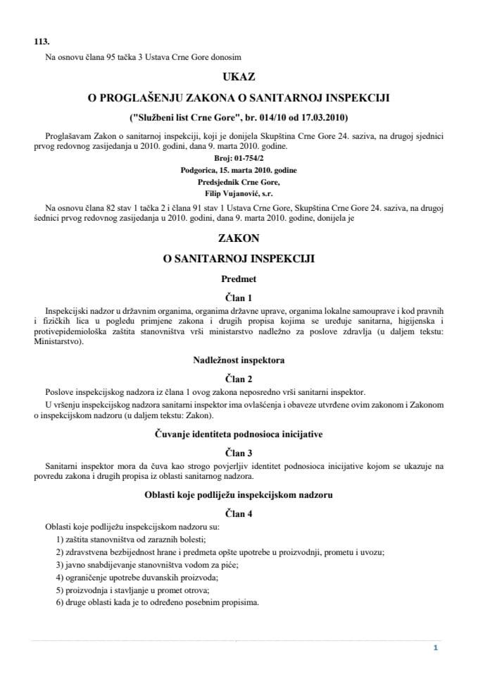 Zakon o sanitarnoj inspekciji