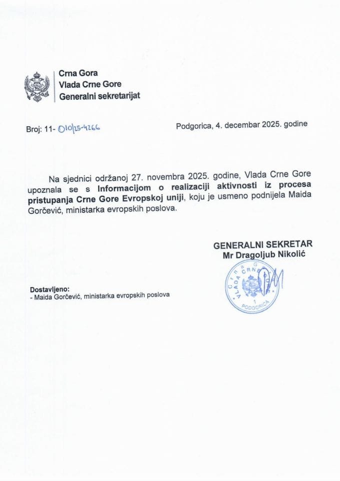 Усмена информација о реализацији активности из процеса приступања Црне Горе Европској унији - Закључци