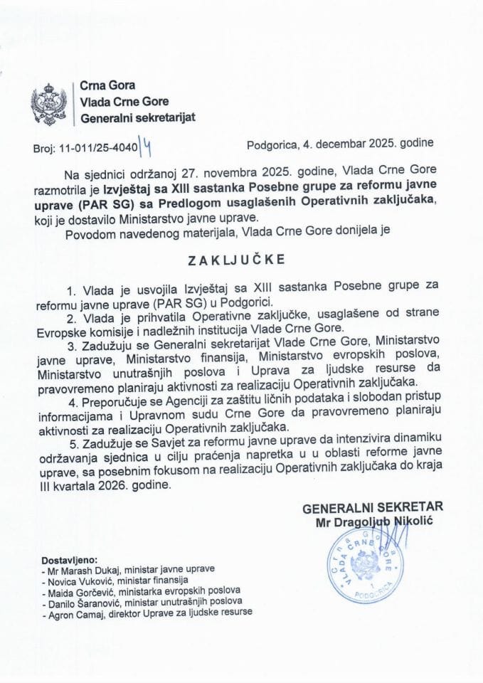 Извјештај са XIII састанка Посебне групе за реформу јавне управе (PAR SG) са предлогом усаглашених Оперативних закључака - Закључци