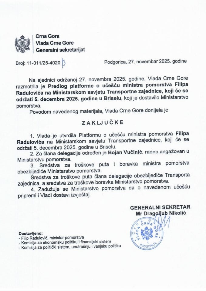 Predlog platforme o učešću ministra pomorstva Filipa Radulovića na Ministarskom savjetu Transportne zajednice koji će se održati 5. decembra 2025. godine, u Briselu - Zaključci