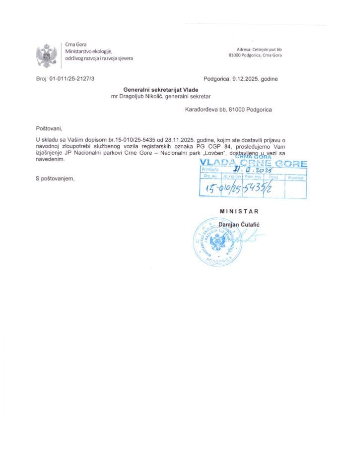 Odgovor Ministarstva ekologije, održivog razvoja i razvoja sjevera o sumnji na zloupotrebu službenog vozila