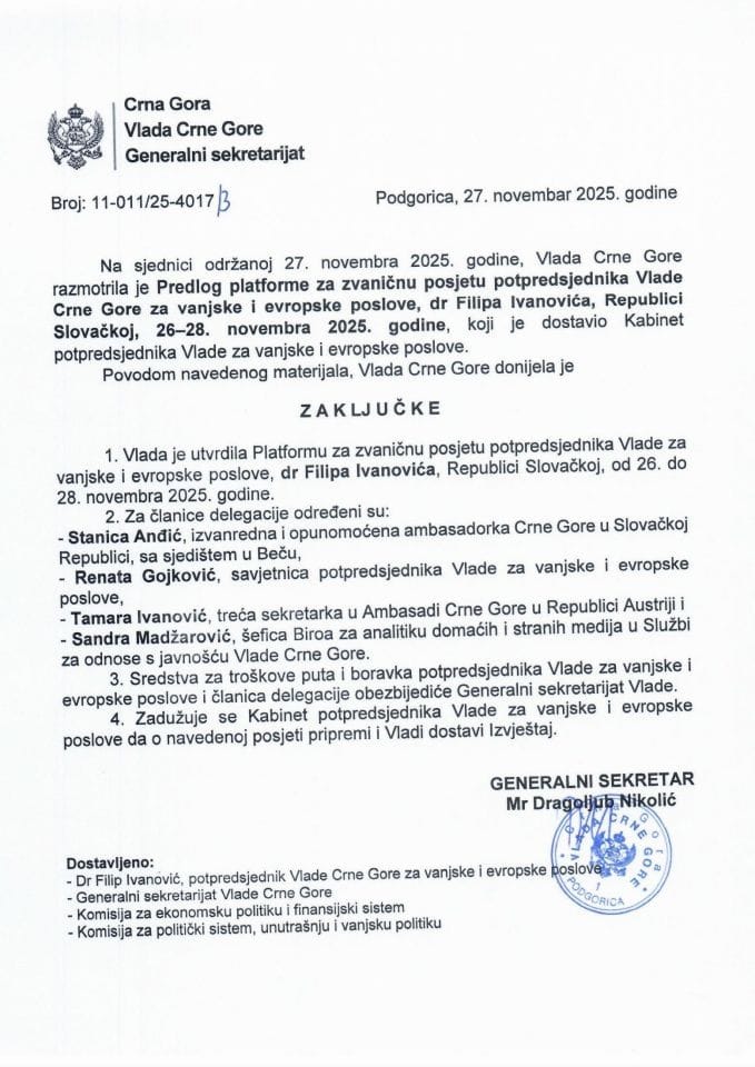 Predlog platforme za zvaničnu posjetu potpredsjednika Vlade Crne Gore za vanjske i evropske poslove dr Filipa Ivanovića Republici Slovačkoj, Bratislava, 26-28. novembar 2025. godine - Zaključci
