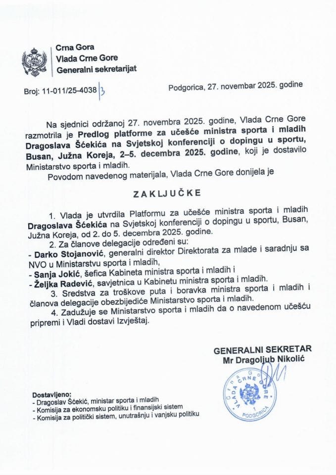 Predlog platforme za učešće ministra sporta i mladih Dragoslava Šćekića na Svjetskoj konferenciji o dopingu u sportu, Busan, Južna Koreja, 2-5. decembra 2025. godine - Zaključci