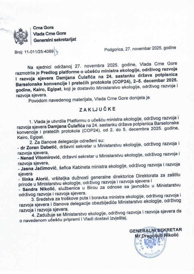 Predlog platforme o učešću ministra ekologije, održivog razvoja i razvoja sjevera, Damjana Ćulafića na 24. sastanku država potpisnica Barselonske konvencije i pratećih protokola (COP24), 2-5. decembar 2025. godine, Kairo, Egipat - Zaključci