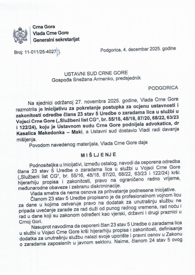 Predlog mišljenja na Inicijativu za pokretanje postupka za ocjenu ustavnosti i zakonitosti odredbe člana 23 stav 5 Uredbe o zaradama lica u službi u Vojsci Crne Gore - Zaključci