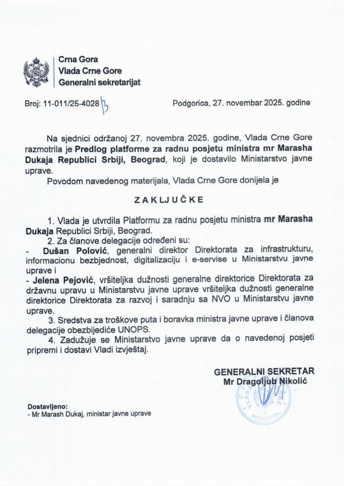 Предлог платформе за радну посјету министра мр Marasha Dukaja Републици Србији, Београд - Закључци