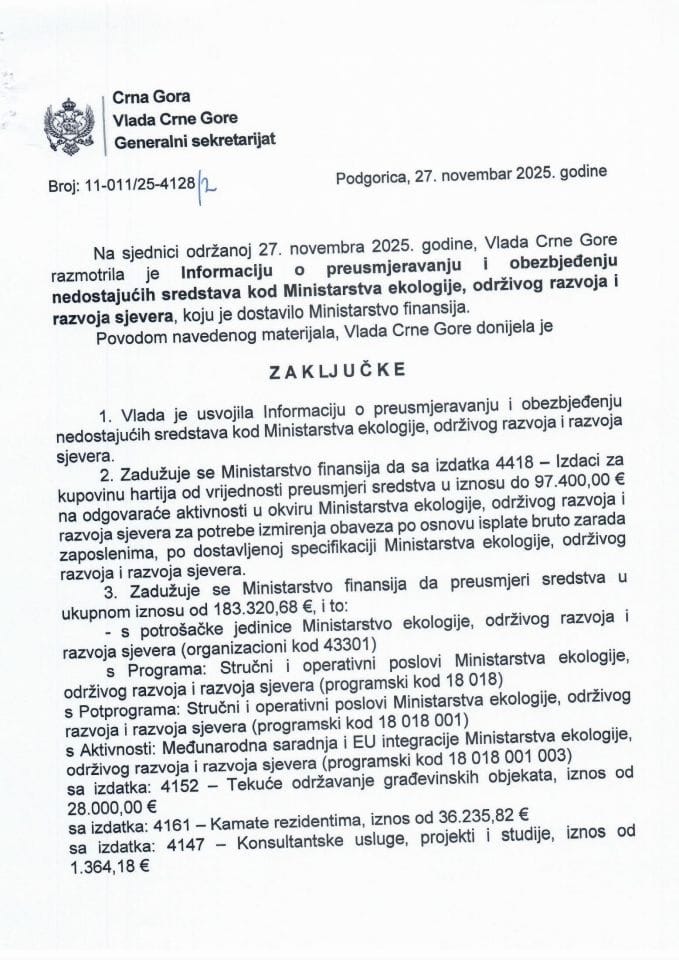 Информација о преусмјеравању и обезбјеђењу недостајућих средстава код Министарства екологије, одрживог развоја и развоја сјевера - Закључци