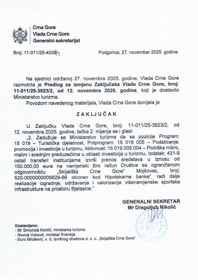 Predlog za izmjenu Zaključaka Vlade Crne Gore, broj: 11-011/25-3923/2, od 12. novembra 2025. godine - Zaključci