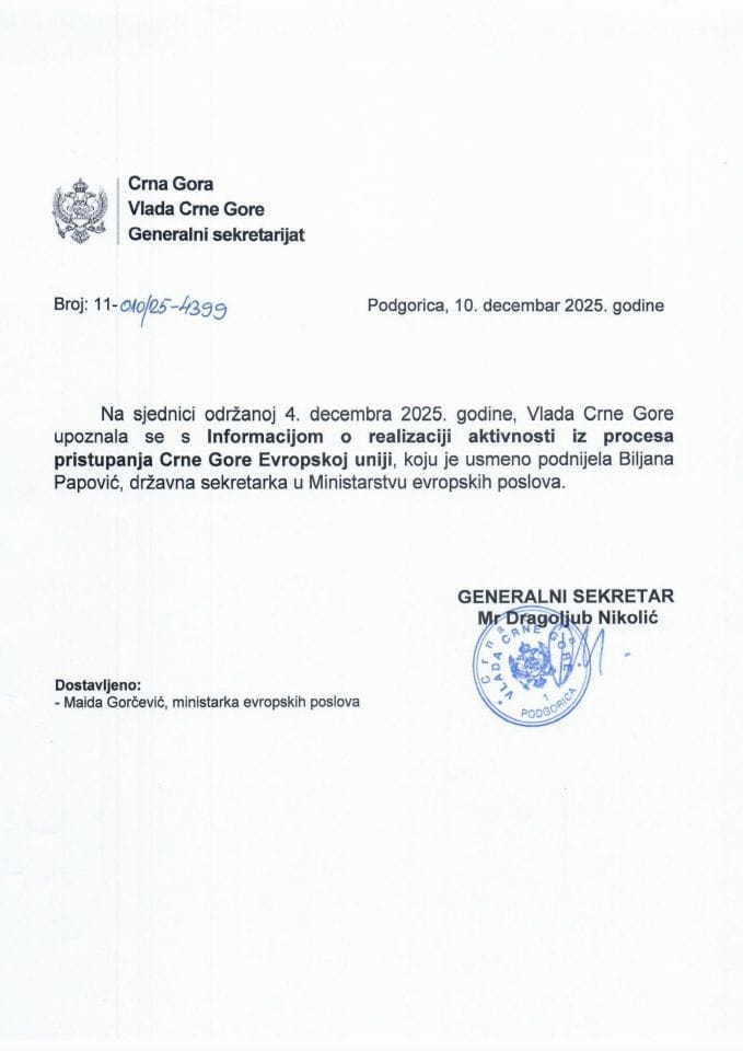 Usmena informacija o realizaciji aktivnosti iz procesa pristupanja Crne Gore Evropskoj uniji - Zaključci