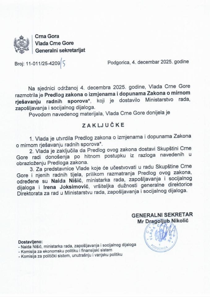 Predlog zakona o izmjenama i dopunama Zakona o mirnom rješavanju radnih sporova⃰ - Zaključci