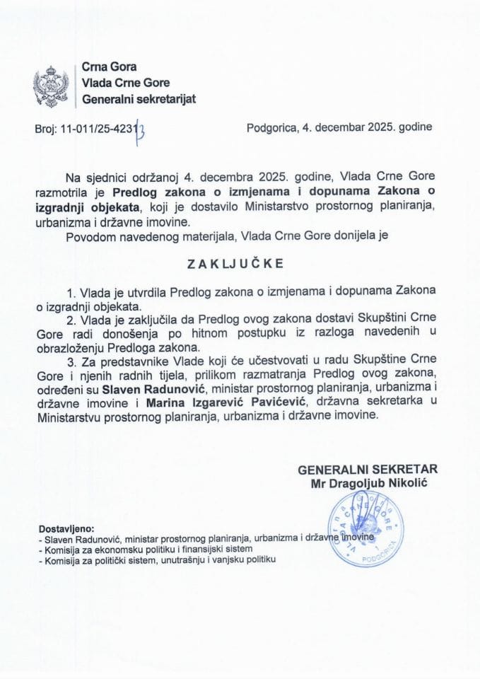 Predlog zakona o izmjenama i dopunama Zakona o izgradnji objekata - Zaključci