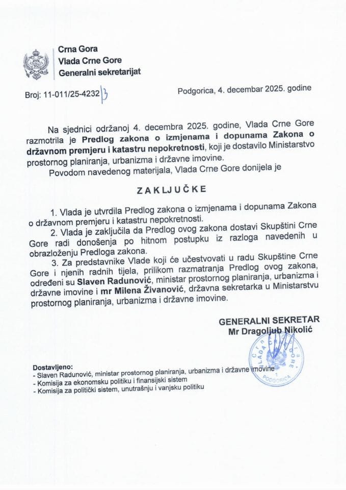 Predlog zakona o izmjenama i dopunama Zakona o državnom premjeru i katastru nepokretnosti - Zaključci