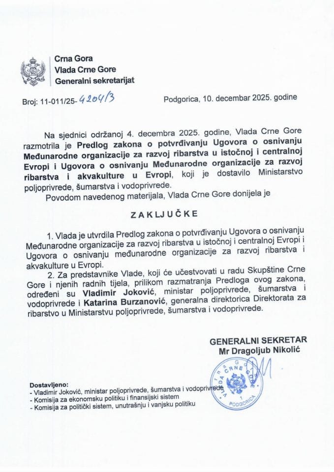 Predlog zakona o potvrđivanju Ugovora o osnivanju Međunarodne organizacije za razvoj ribarstva u istočnoj i centralnoj Evropi i Ugovora o osnivanju Međunarodne organizacije za razvoj ribarstva i akvakulture u Evropi - Zaključci