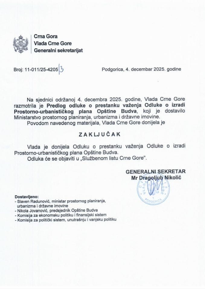 Predlog odluke o prestanku važenja Odluke o izradi Prostorno- urbanističkog plana Opštine Budva -Zaključci