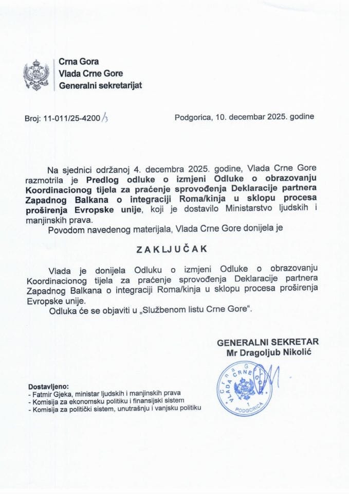 Predlog odluke o izmjeni Odluke o obrazovanju Koordinacionog tijela za praćenje sprovođenja Deklaracije partnera Zapadnog Balkana o integraciji Roma/kinja u sklopu procesa proširenja Evropske unije -Zaključci