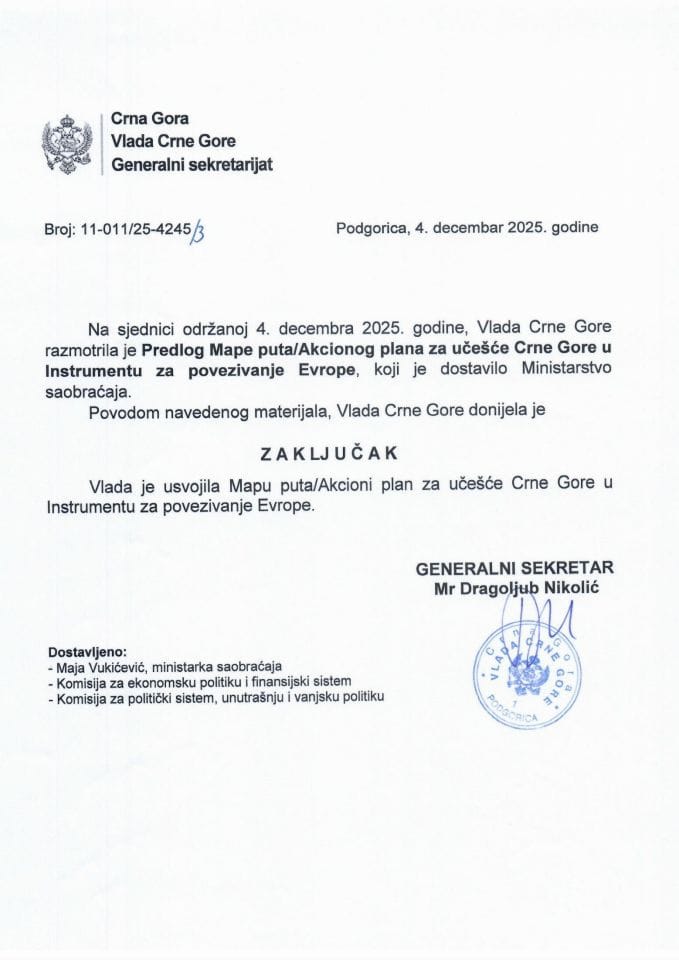 Predlog Mape puta/Akcionog plana za učešće Crne Gore u Instrumentu za povezivanje Evrope -Zaključci