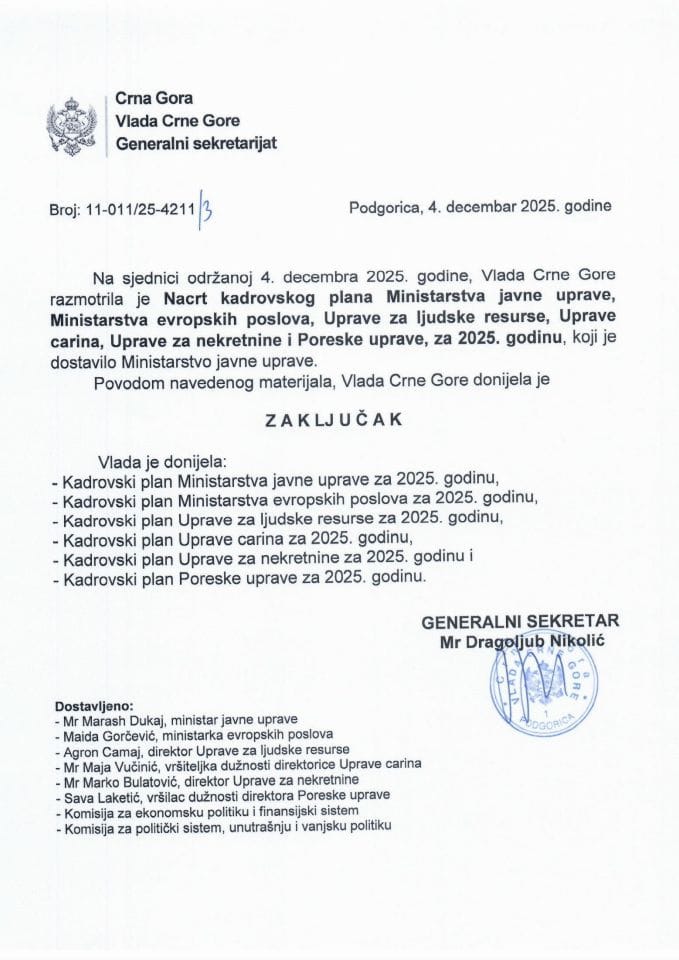 Nacrt kadrovskog plana Ministarstva javne uprave, Ministarstva evropskih poslova, Uprave za ljudske resurse, Uprave carina, Uprave za nekretnine i Poreske uprave, za 2025. godinu -Zaključci