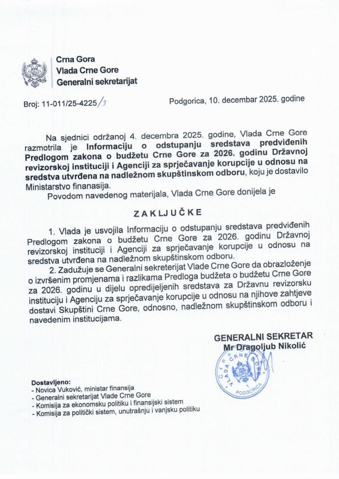 Informacija o odstupanju sredstava predviđenih Predlogom zakona o budžetu Crne Gore za 2026. godinu Državnoj revizorskoj instituciji i Agenciji za sprječavanje korupcije u odnosu na sredstva utvrđena na nadležnom skupštinskom odboru - Zaključci