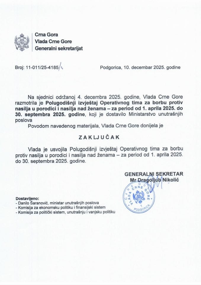 Polugodišnji izvještaj o radu Operativnog tima za borbu protiv nasilja u porodici i nasilja nad ženama za period od 1. aprila 2025. do 30. septembra 2025. godine - Zaključci