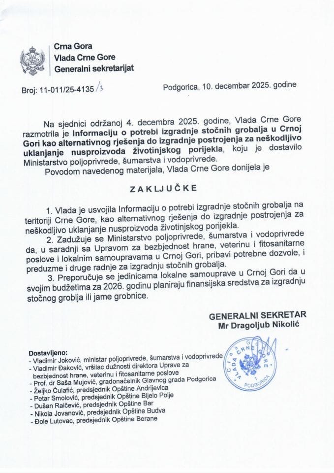 Informacija o potrebi izgradnje stočnih grobalja u Crnoj Gori kao alternativnog rješenja do izgradnje postrojenja za neškodljivo uklanjanje nusproizvoda životinjskog porijekla -Zaključci