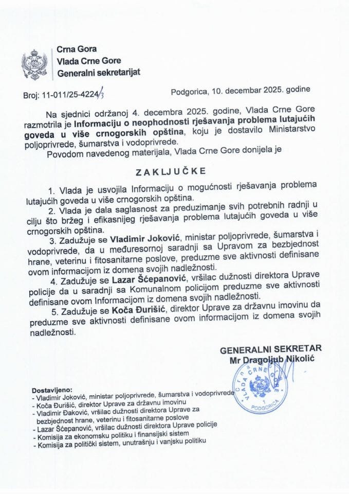 Informacija o neophodnosti rješavanja problema lutajućih goveda u više crnogorskih opština - Zaključci