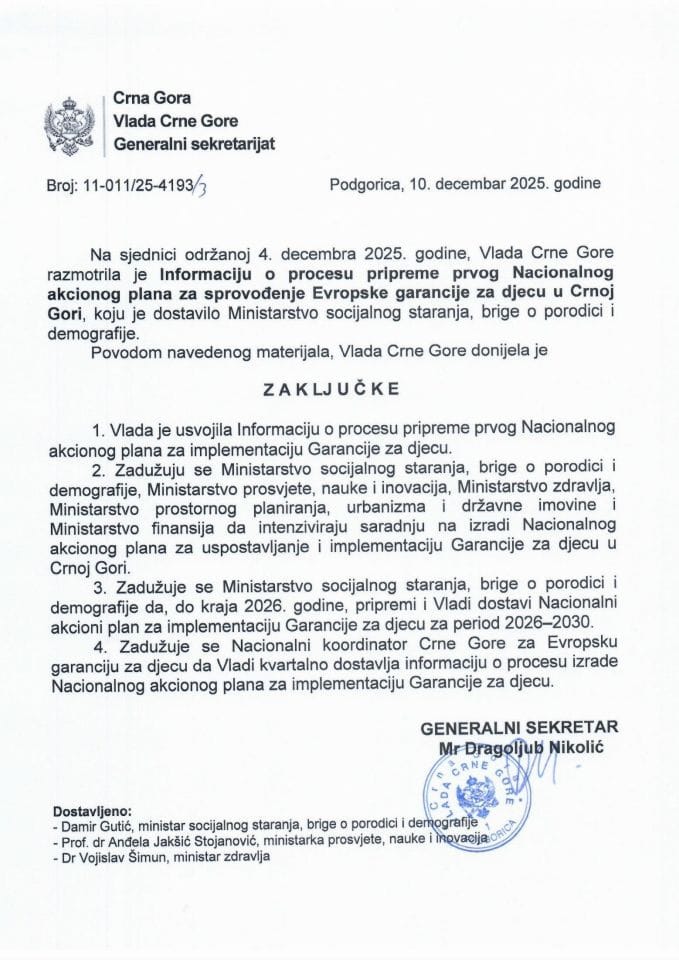 Informacija o procesu pripreme prvog Nacionalnog akcionog plana za sprovođenje Evropske garancije za djecu u Crnoj Gori - Zaključci