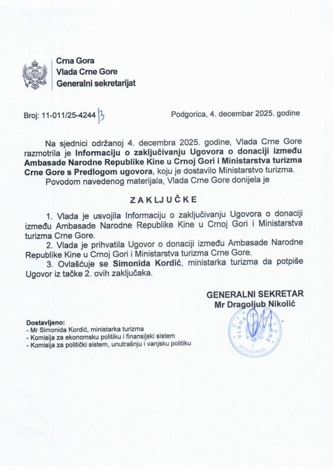 Informacija o zaključivanju Ugovora o donaciji između Ambasade Narodne Republike Kine u Crnoj Gori i Ministarstva turizma Crne Gore s Predlogom ugovora - Zaključci