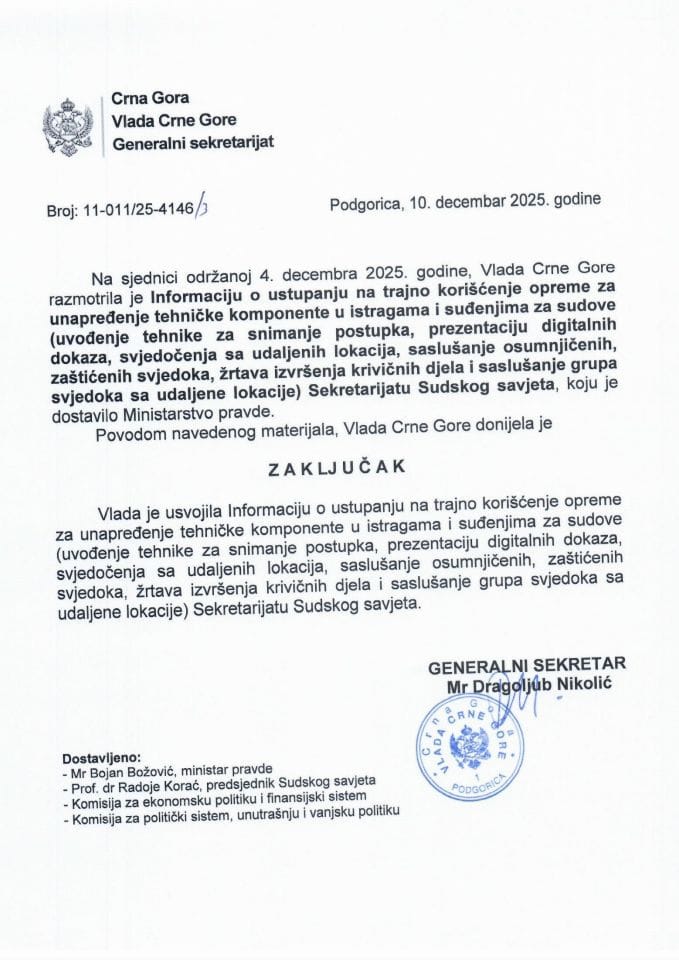 Informacija o ustupanju na trajno korišćenje opreme za unapređenje tehničke komponente u istragama i suđenjima za sudove Sekretarijatu Sudskog savjeta - Zaključci