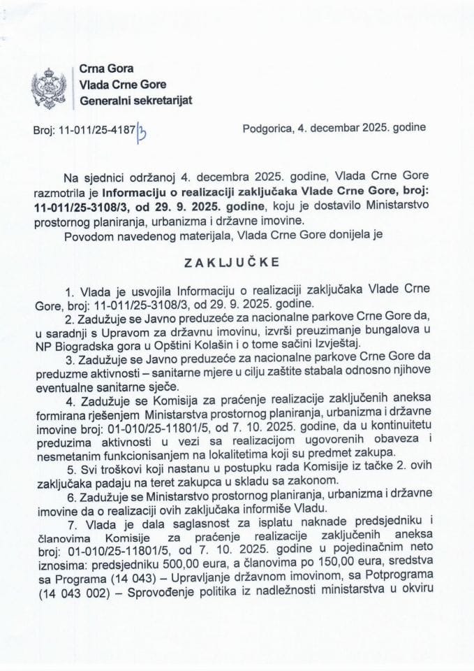 Informacija o realizaciji zaključaka Vlade Crne Gore broj: 11-011/25-3108/3 od 29. 9. 2025. godine - Zaključci