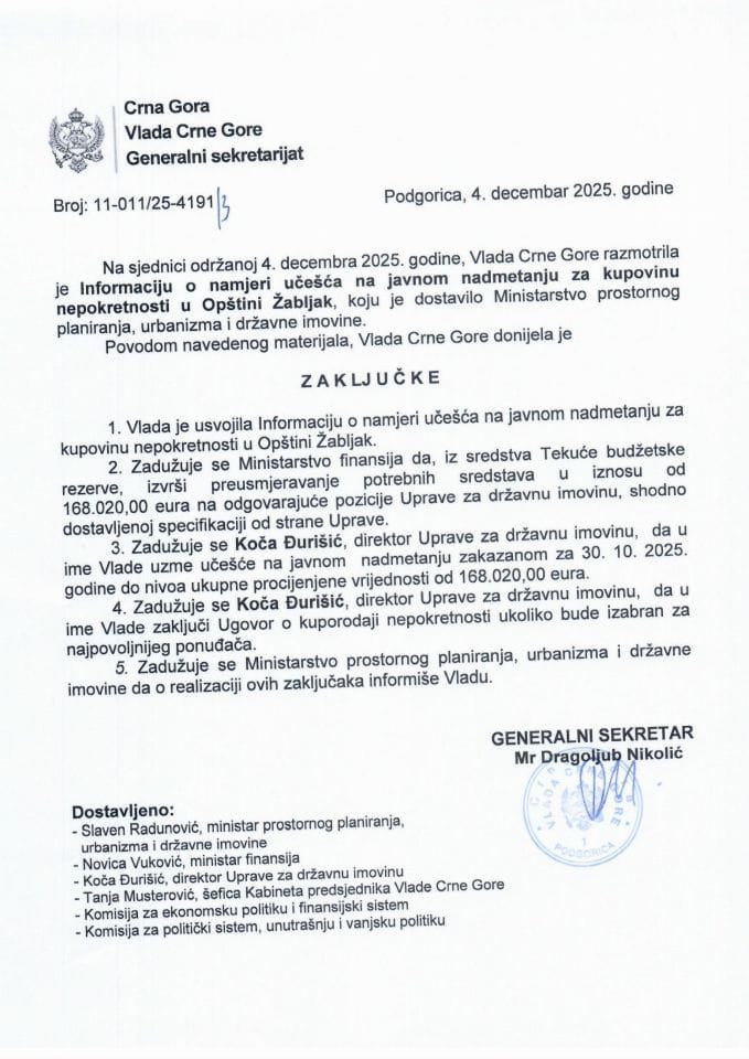 Informacija o namjeri učešća na javnom nadmetanju za kupovinu nepokretnosti u Opštini Žabljak - Zaključci