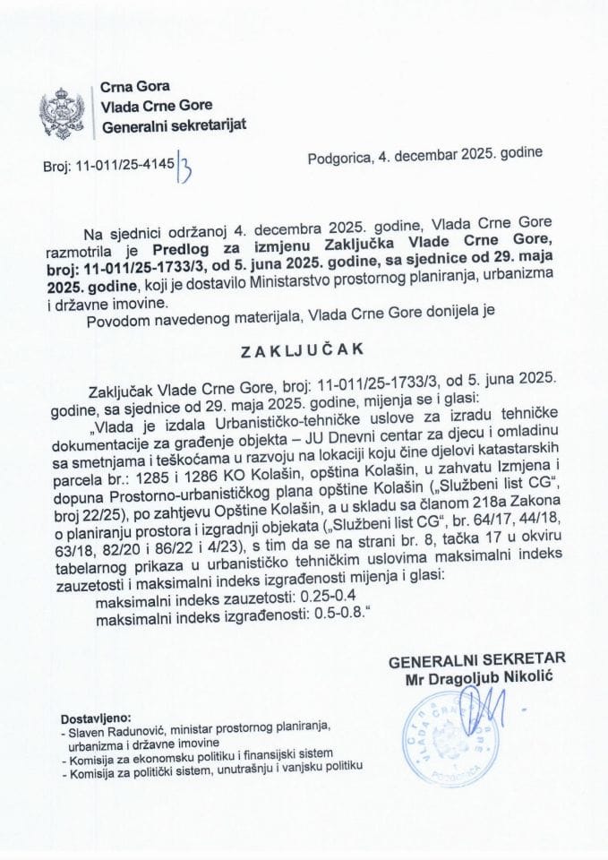 Predlog za izmjenu Zaključka Vlade Crne Gore, broj: 11-011/25-1733/3, od 5. juna 2025. godine, sa sjednice od 29. maja 2025. godine - Zaključci