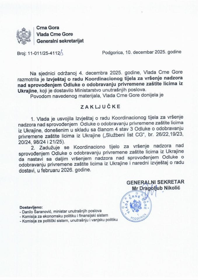 Izvještaj o radu Koordinacionog tijela za vršenje nadzora nad sprovođenjem Odluke o odobravanju privremene zaštite licima iz Ukrajine - Zaključci