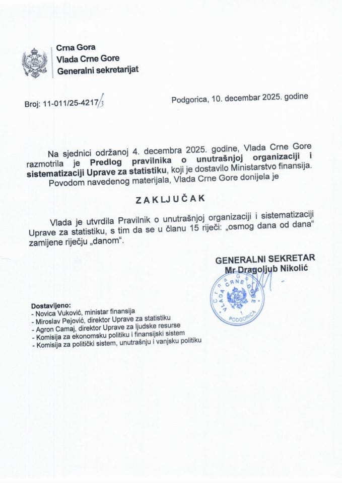 Predlog pravilnika o unutrašnjoj organizaciji i sistematizaciji Uprave za statistiku - Zaključci