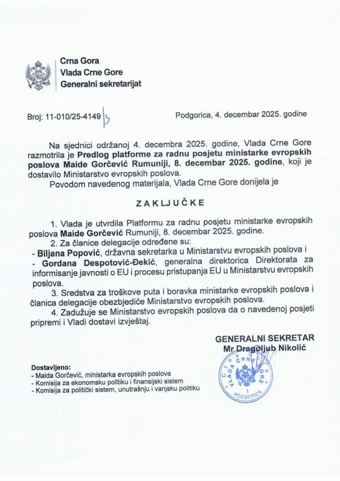 Predlog platforme za radnu posjetu ministarke evropskih poslova Maide Gorčević Rumuniji, 8. decembar 2025. godine - Zaključci
