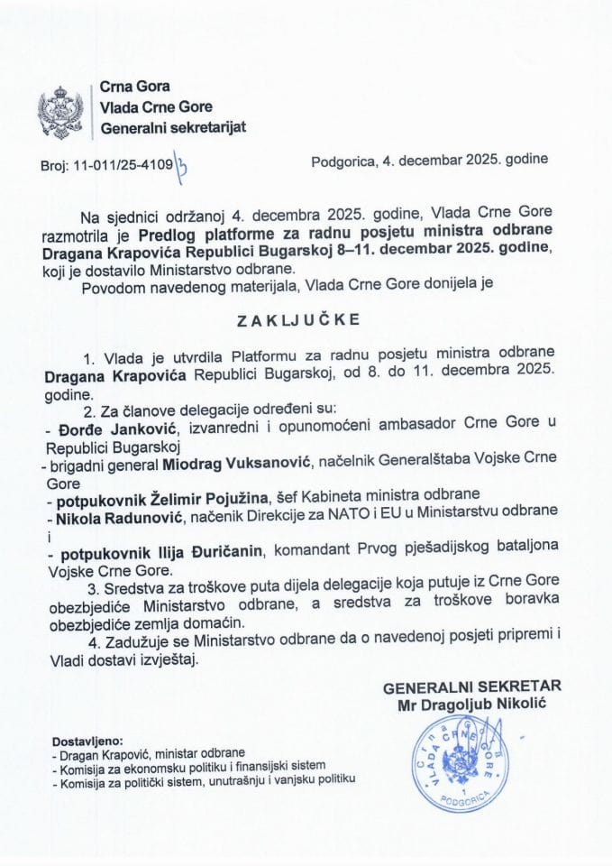 Predlog platforme za radnu posjetu ministra odbrane Dragana Krapovića Republici Bugarskoj, 8-11. decembar 2025. godine - Zaključci
