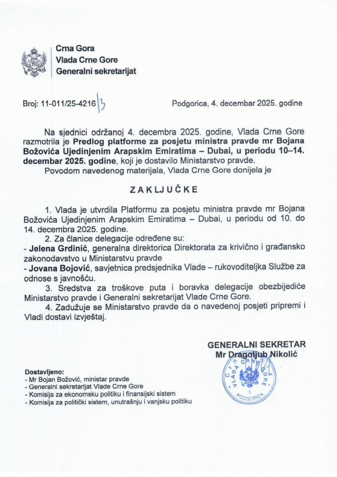 Predlog platforme za posjetu ministra pravde mr Bojana Božovića Ujedinjenim Arapskim Emiratima - Dubai, u periodu 10-14. decembar 2025. godine - Zaključci
