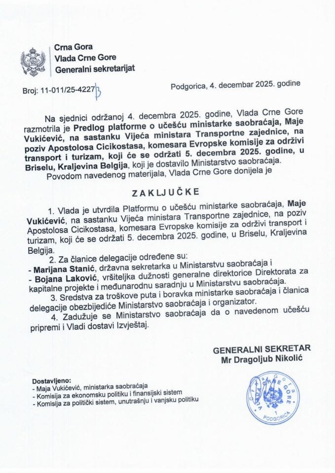 Predlog platforme o učešću ministarke saobraćaja, Maje Vukićević, na sastanku Vijeća ministara Transportne zajednice, na poziv Apostolosa Cicikostasa, komesara Evropske komisije za održivi transport i turizam - Zaključci
