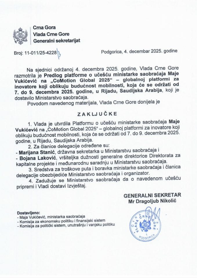 Predlog platforme za učešće ministarke saobraćaja Maje Vukićević na „CoMotion Global 2025“ – globalnoj platformi za inovatore koji oblikuju budućnost mobilnosti, koja će se održati od 7. do 9. decembra 2025. godine, u Rijadu, Saudijska Arabija - Zaključci