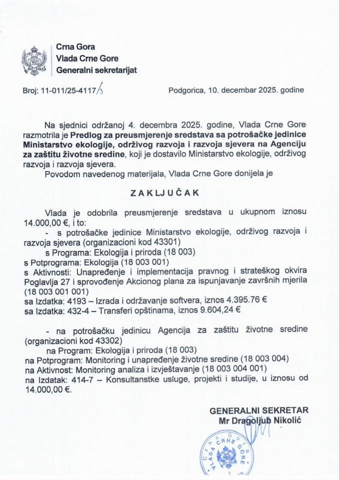 Predlog za preusmjerenje sredstava sa potrošačke jedinice Ministarstvo ekologije, održivog razvoja i razvoja sjevera na Agenciju za zaštitu životne sredine - Zaključci