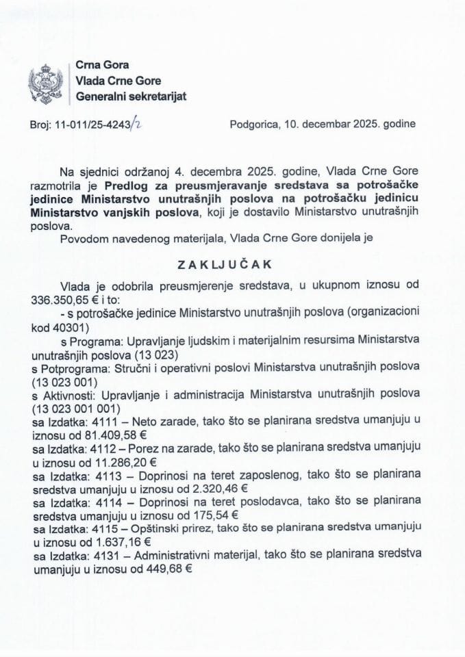 Predlog za preusmjeravanje sredstava sa potrošačke jedinice Ministarstvo unutrašnjih poslova na potrošačku jedinicu Ministarstvo vanjskih poslova - Zaključci