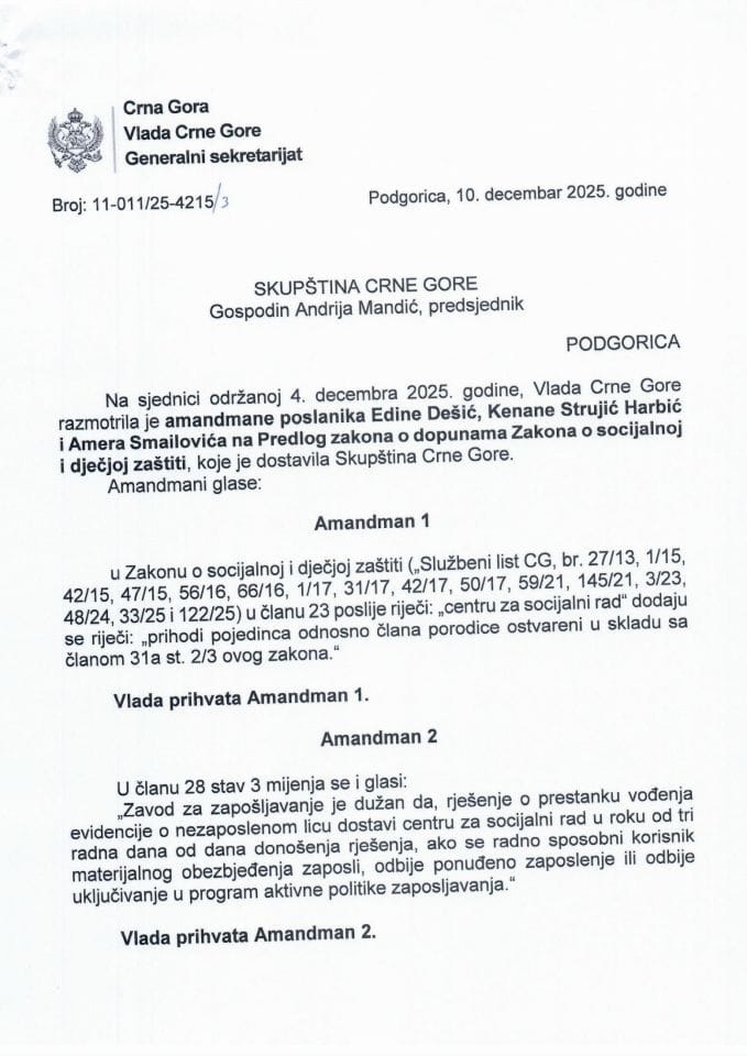 Predlog mišljenja na amandmane na Predlog zakona o dopunama Zakona o socijalnoj i dječjoj zaštiti (predlagači poslanici: Edina Dešić, Kenana Strujić Harbić i Amer Smailović) - Zaključci