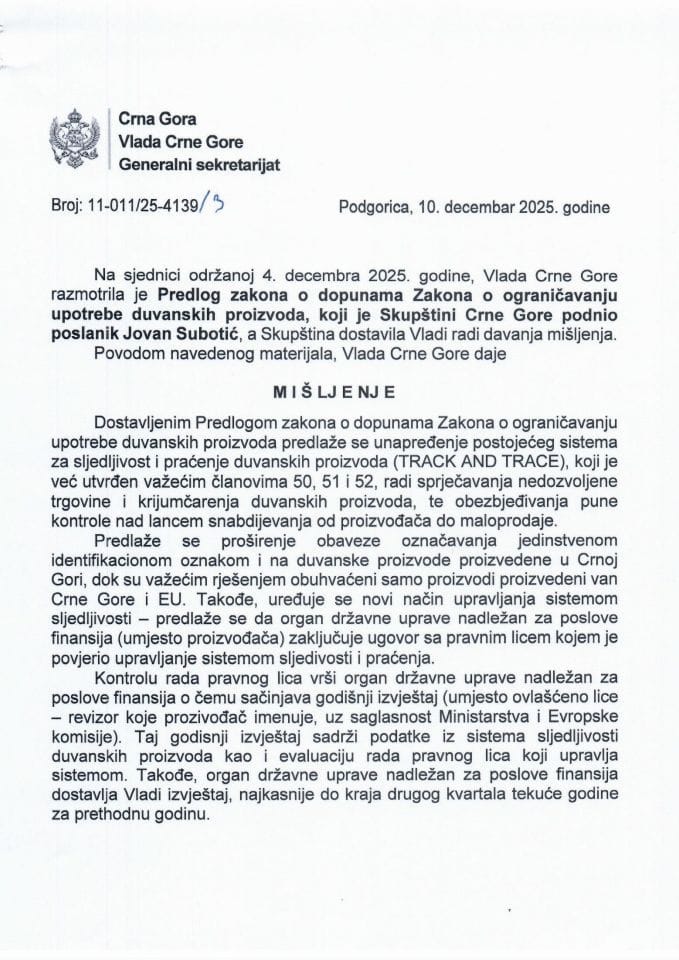 Predlog mišljenja na Predlog zakona o dopunama Zakona o ograničavanju upotrebe duvanskih proizvoda (predlagač poslanik Jovan Subotić) - Zaključci