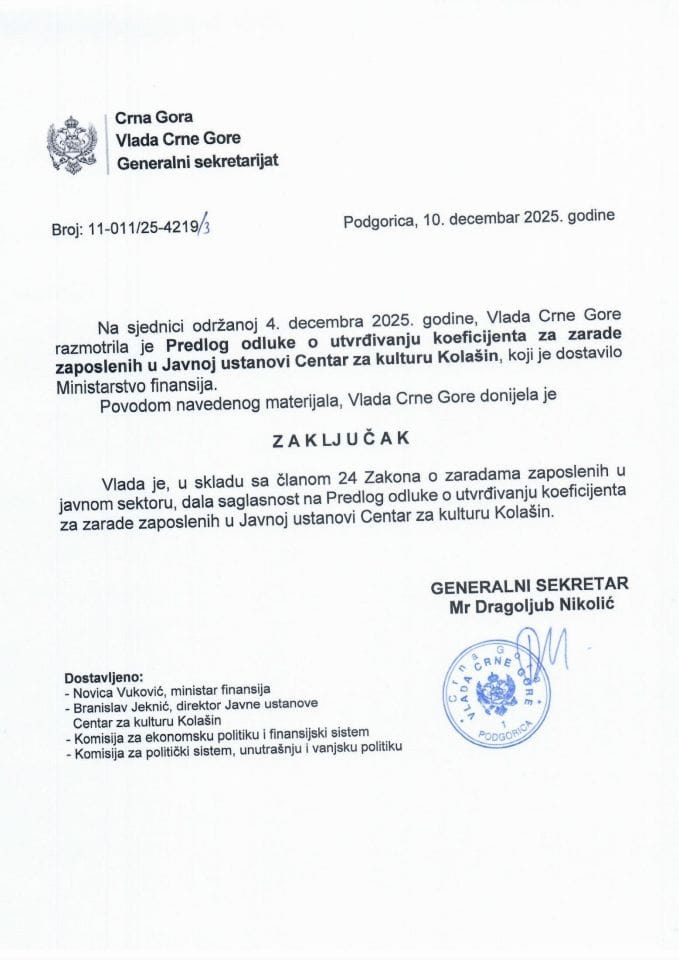 Predlog odluke o utvrđivanju koeficijenata za zarade zaposlenih u Javnoj ustanovi Centar za kulturu Kolašin - Zaključci