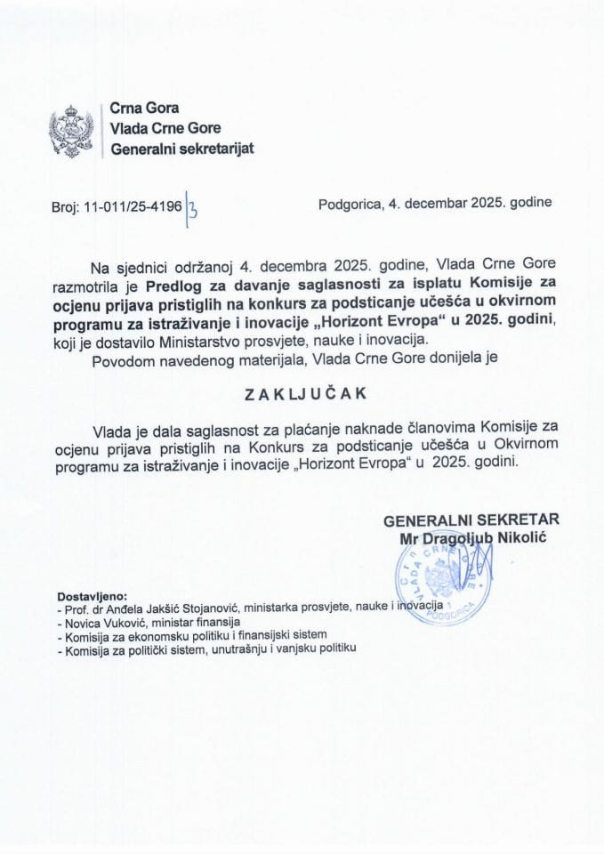 Predlog za davanje saglasnosti za isplatu Komisije za ocjenu prijava pristiglih na konkurs za podsticanje učešća u okvirnom programu za istraživanje i inovacije „Horizont Evropa“ u 2025. godini - Zaključci